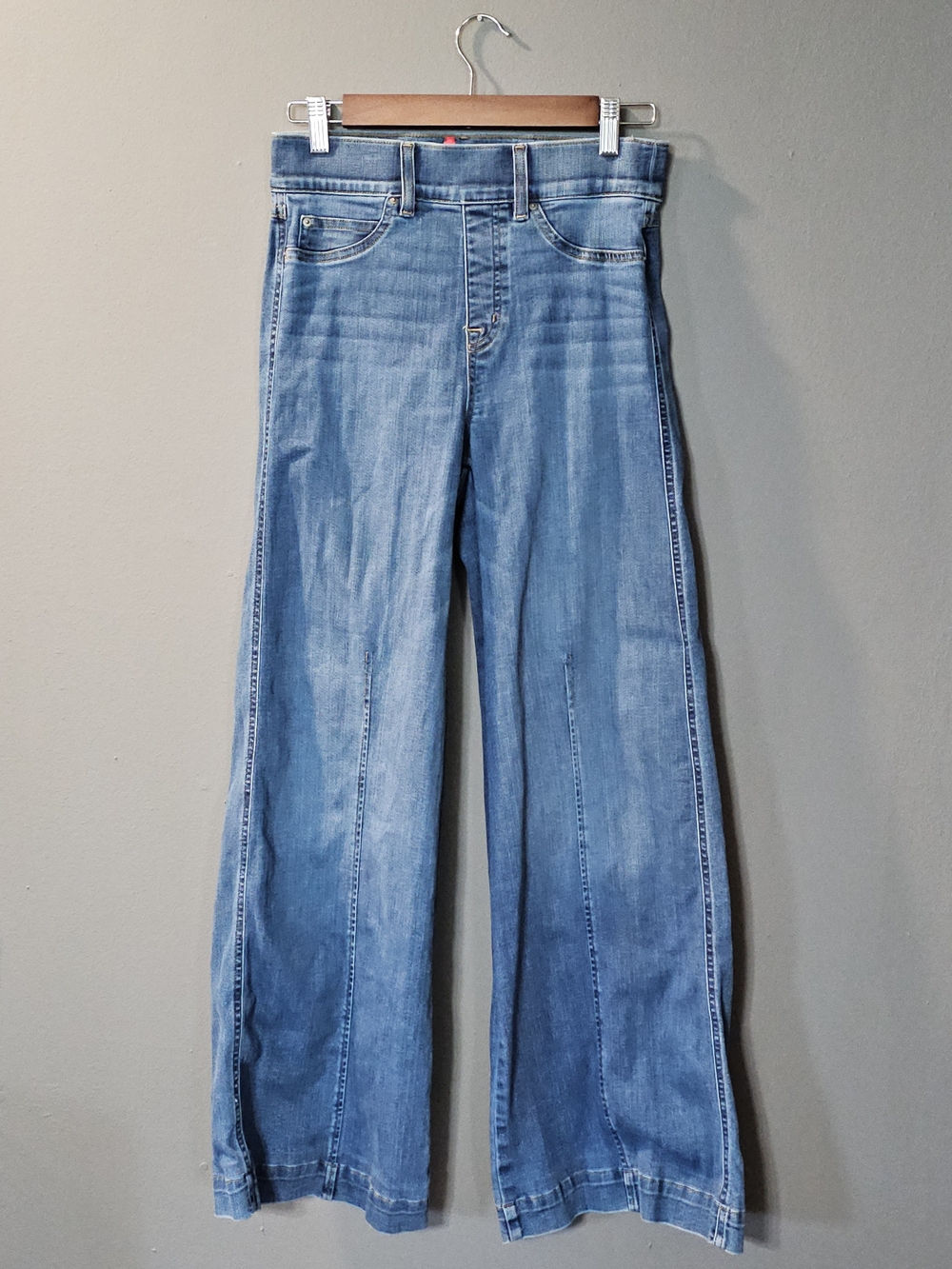 Spanx Denim High Waisted Wide Flare Leg Pull On Light Blue Pants Womens S